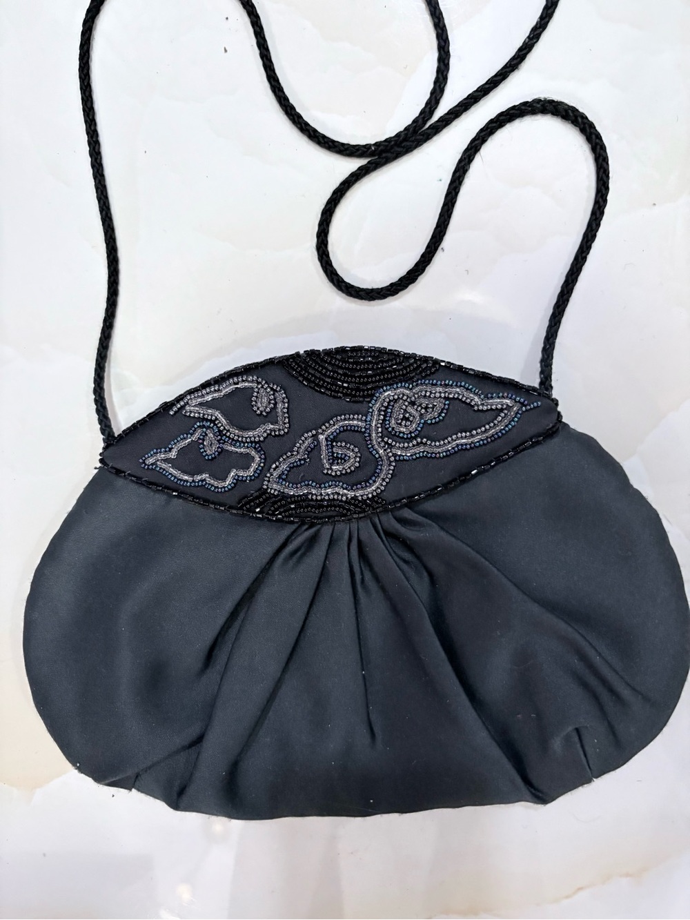 Black Satin Beaded Evening Shoulder Mini Bag Purse Featuring Clouds